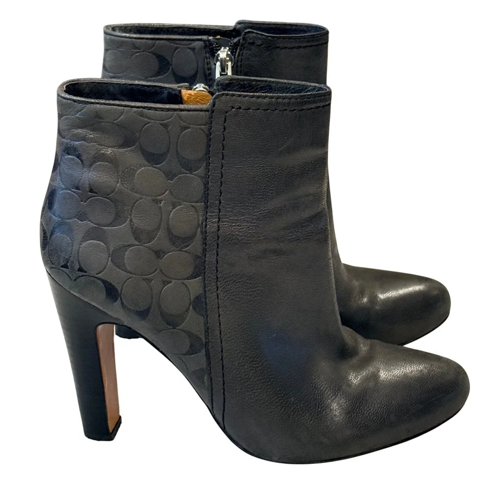 Coach Black Leather Signature Monogram Ankle Boots Side Zip High Heel A4150